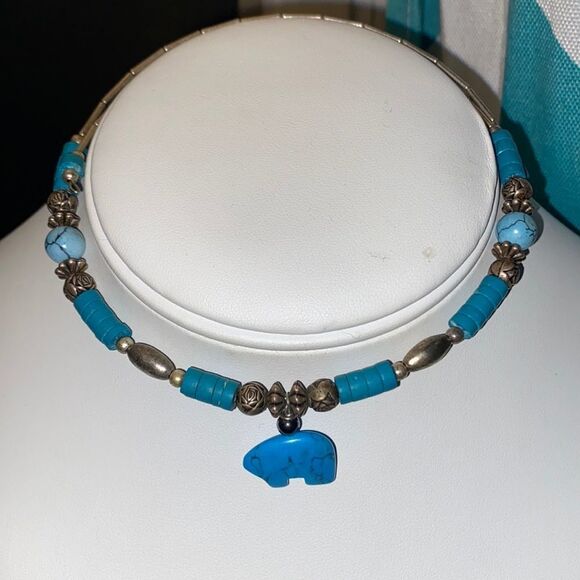 Sterling Silver Turquoise Bear Fetish Choker Necklace - Picture 1 of 8